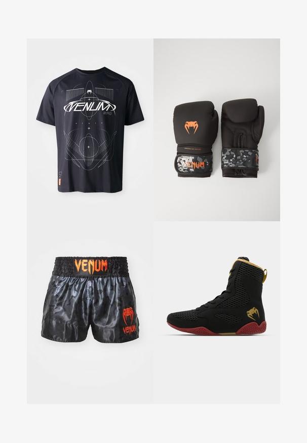 Black short-sleeve T-shirt featuring geometric white graphic design, including lines and text, with a tag at the bottom left side.; Black satin boxing shorts with a camouflage pattern, featuring an elastic waistband and bright orange "VENUM" logo on the front.; High-top athletic shoe with black mesh and synthetic material, textured accents, red rubber sole, and gold detailing on the ankle.; Black boxing gloves with a matte finish and ergonomic design. Orange logo detailing and camouflage-patterned wrist straps.