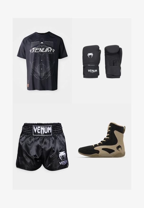 Juodas trumpo rankovėmis T-shirt, puošiamas geometriniu baltu grafiniu dizainu, įskaitant linijas ir tekstą, su etikete apatiniame kairiajame kampe.; Juodi satino boksininkų šortai su elastine juosta; ant kairiojo kojos įsiūtas baltas logotipas ir gyvatės piešinys. Lygi tekstūra.; Aukštesni sportiniai batai, turintys juodą tinklinį paviršių su smėlio spalvos akcentais. Tekstūruota gumos pašiūrė ir logotipo detalė šonėje.; Juodos bokso pirštinės su lygiu paviršiumi, su baltu "Venom" logotipu ir reguliuojamu kabliuko ir kilpelės dirželiu, užtikrinančiu saugų prigludimą.