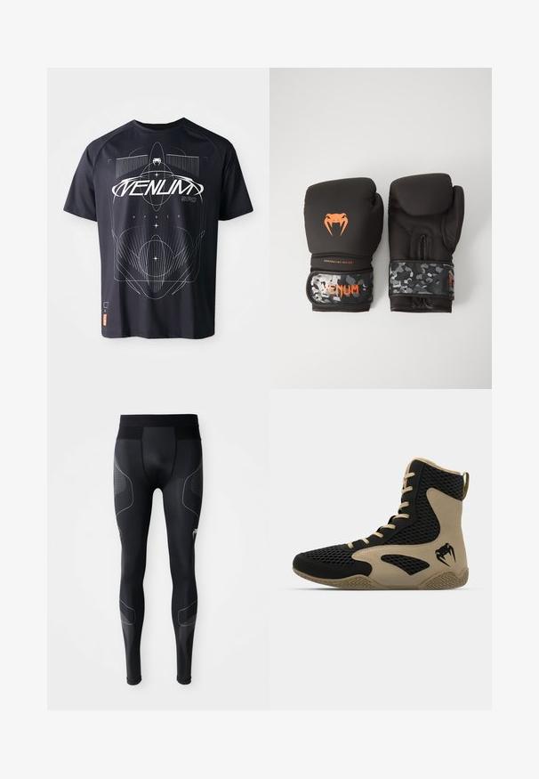 Fekete, rövid ujjú póló geometriai fehér grafikával, beleértve vonalakat és szöveget, bal alsó sarokban címkével.; Fekete sportleggings rugalmas anyagból, széles derékkal, hálós betétekkel és fényvisszaverő részletekkel az oldalán.; Felsőrészes sportcipő fekete hálós külsővel, bézs dzsungelrészletekkel. Texturált gumitalp és logó részlet az oldalon.; Fekete bokszkesztyűk matt felülettel és ergonómikus kialakítással. Narancssárga logó részletek és álcázó mintázatú csuklóhevederek.