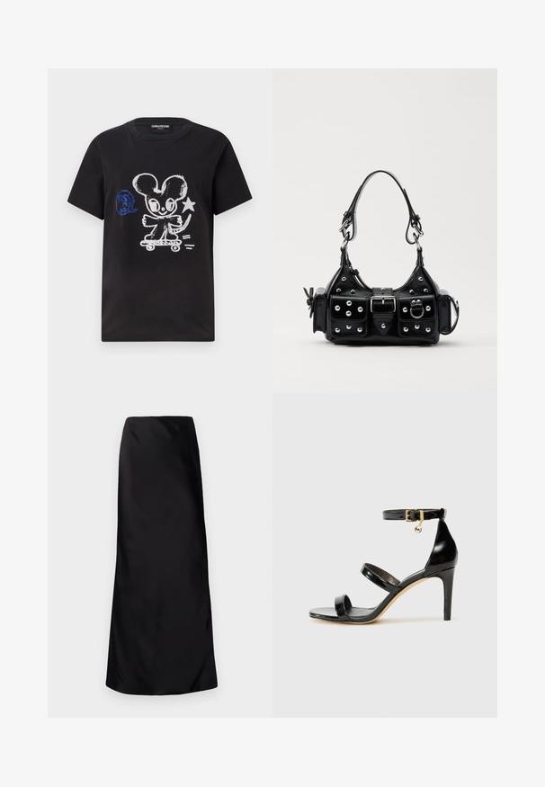 Camiseta negra con diseño de un ratón de dibujos animados patinando en blanco y azul, con un elemento de texto divertido y mangas cortas.; Norma Kamali BIAS OBIE SKIRT - Falda larga - black; Sandalia de charol negro con tres correas, hebilla en el tobillo y tacón de aguja de 10 cm. Presenta detalles de hardware en oro y un charm con el logo.; Bolso de mano de cuero negro con un diseño curvado, que cuenta con tachuelas plateadas, una hebilla y dos bolsillos laterales. Correa ajustable para opciones de transporte.