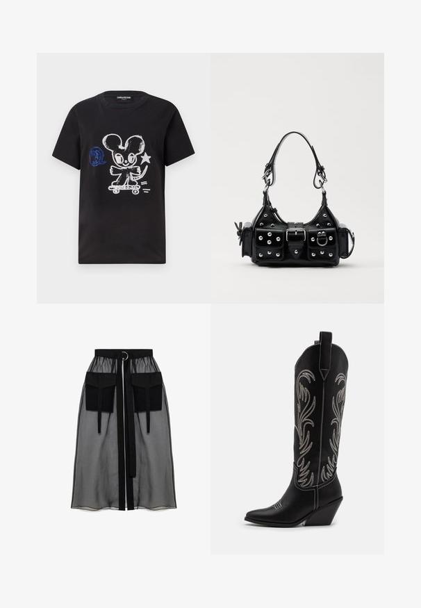 Mustat t-paidat, joissa on valkoisella ja sinisellä väritetty piirretty hiiri, joka skeittaa. Paidassa on leikkisä tekstielementti ja lyhyet hihat.; Musta läpinäkyvä hame, jossa on kerätty vyötärö, kaksi suurta etutaskua, vyönauha ja pyöreä metallikoriste.; Mustat nahkasaappaat cowboy-tyyliin, joissa on terävät varpaat, viistot korot ja hopeiset brodeeratut kukkakuviot varressa. Eroava ompelu koko saappaassa.; Musta nahkainen käsilaukku, jossa on kaareva muotoilu, hopeiset niitit, solki ja kaksi sivutaskua. Säädettävä olkahihna erilaisiin kantovaihtoehtoihin.