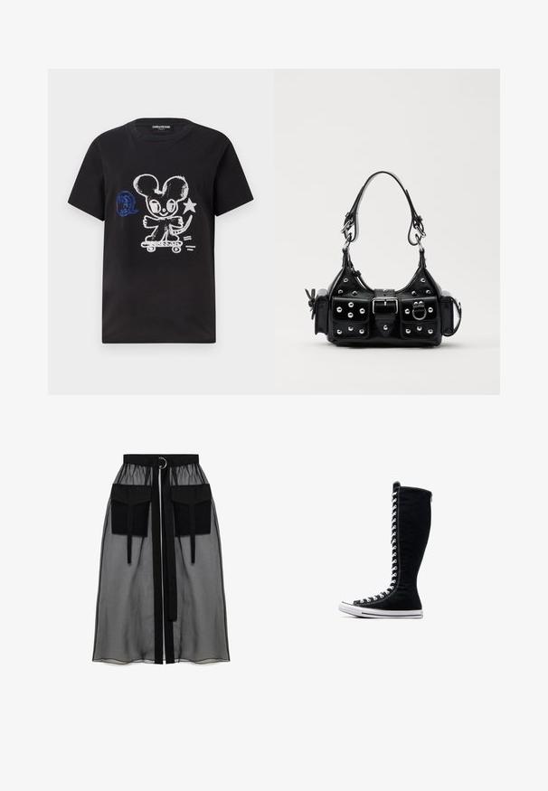 Zwarte T-shirt met een ontwerp van een skateboardende cartoonmuis in wit en blauw, met een speelse tekst en korte mouwen.; Zwarte doorschijnende rok met een verzameld tailleband, voorzien van twee grote voorzakken, een tailleband met strik en een ronde metalen accent.; Zwarte hoge sneakers met een hoge ontwerp, gemaakt van canvas. Beschikken over witte veters, stiksels en een rubberen zool met een neuskap.; Zwarte lederen handtas met een gebogen ontwerp, voorzien van zilveren studs, een gesp en twee zijvakken. Verstelbare schouderband voor verschillende draagmogelijkheden.