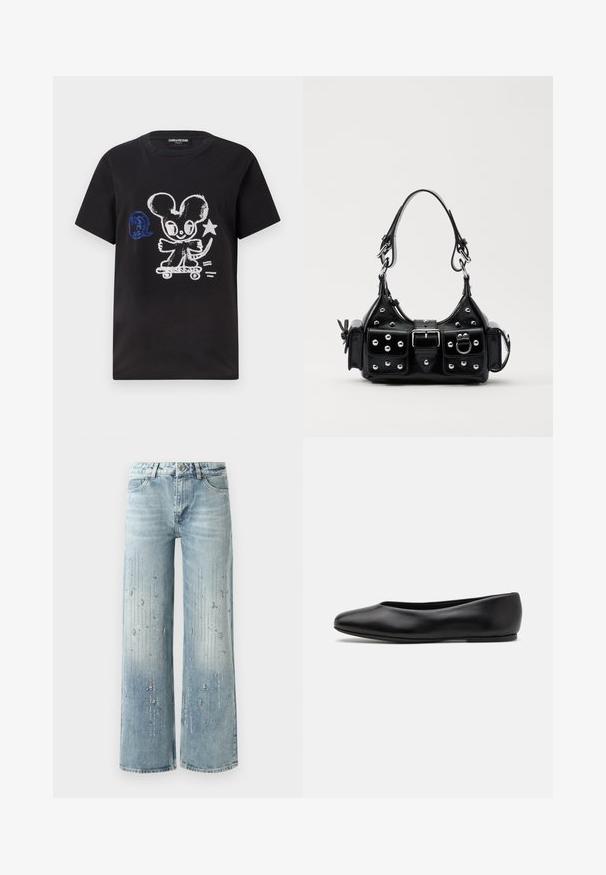 Zwarte T-shirt met een ontwerp van een skateboardende cartoonmuis in wit en blauw, met een speelse tekst en korte mouwen.; Lichtblauwe wijde spijkerbroek van denim, met een kleurverloop en versieringen van zilverkleurige strassstenen in een verticaal patroon.; Paul Smith TOPANGA - Ballerina's - black; Zwarte lederen handtas met een gebogen ontwerp, voorzien van zilveren studs, een gesp en twee zijvakken. Verstelbare schouderband voor verschillende draagmogelijkheden.