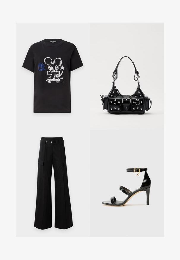 Črna majica s kratkimi rokavi, ki prikazuje risani mišek na deski za rolkanje v beli in modri barvi, z igrivim besedilnim elementom.; Črne široke hlače z visokim pasom, ki imajo velike stranske žepe, dva sprednja gumba in detajl z zanko. Narejene iz trdne tkanine.; Črne lakirane sandale s tremi trakovi, zaponko okoli gležnja in 10-centimetrsko stiletto peto. Imajo detajle iz zlatega kovanja in logotipni čar.; Črna usnjena torbica s ukrivljenim dizajnom, ki vsebuje srebrne žebljičke, zaponko in dve stranski žepki. Nastavljiv trak za različne možnosti nošenja.
