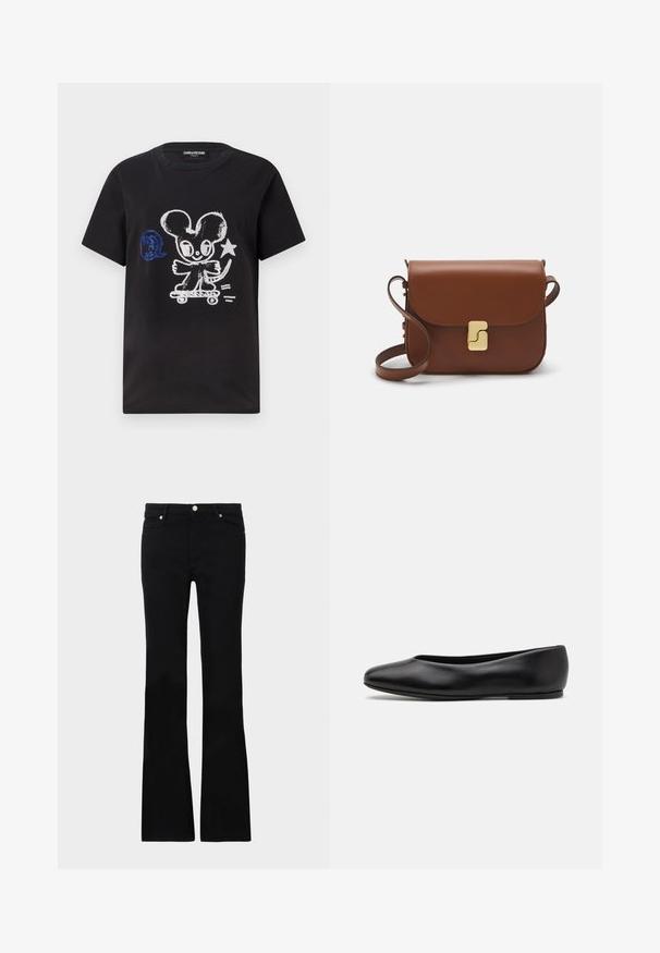 Crna majica s kratkim rukavima koja prikazuje dizajn crtane mišića na skateboardu u bijeloj i plavoj boji, uz razigrani tekstualni element.; Crne široke traperice izrađene od denima, s dva prednja džepa, kopčanjem na dugme i glatkom teksturom. Potpisna šavova vidljiva na šavovima.; Paul Smith TOPANGA - Balerinke - black; Smeđa kožna torba s preklopom, zlatnim detaljima, remenom za nošenje preko ramena i glatkom teksturom. Kompaktni pravokutni oblik.