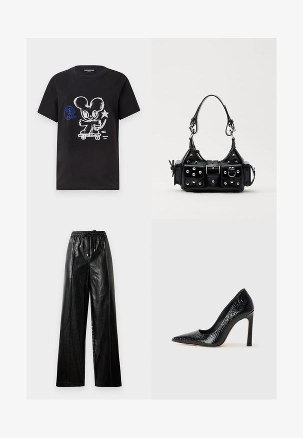 Black T-shirt featuring a skateboarding cartoon mouse design in white and blue, with a playful text element and short sleeves.; Black leather wide-leg pants with an elastic waistband, drawstring, and gold hardware accents. Smooth texture and loose fit.; Black pointed-toe high heel shoe with a crocodile-skin texture, featuring a sleek design, high stiletto heel, and smooth black interior.; Black leather handbag with a curved design, featuring silver studs, a buckle, and two side pockets. Adjustable strap for carrying options.