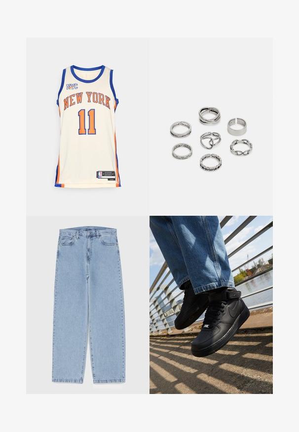 Tricou de baschet New York Knicks în crem, cu accente albastre și portocalii, text mare „NEW YORK”, numărul 11 și branding Nike.; Jeans din denim de culoare albastru deschis, cu un design cu picioare drepte, având talie medie, cinci buzunare și un sistem de închidere cu nasture și fermoar.; Adidași Nike Air Force 1 negri, cu superior din piele, limbă din plasă și talpă din cauciuc, având un design de tip high-top și șireturi groase.; Set de șapte inele din argint cu diverse modele, inclusiv modele răsucite, legate și gravate. Forme și lățimi diferite.