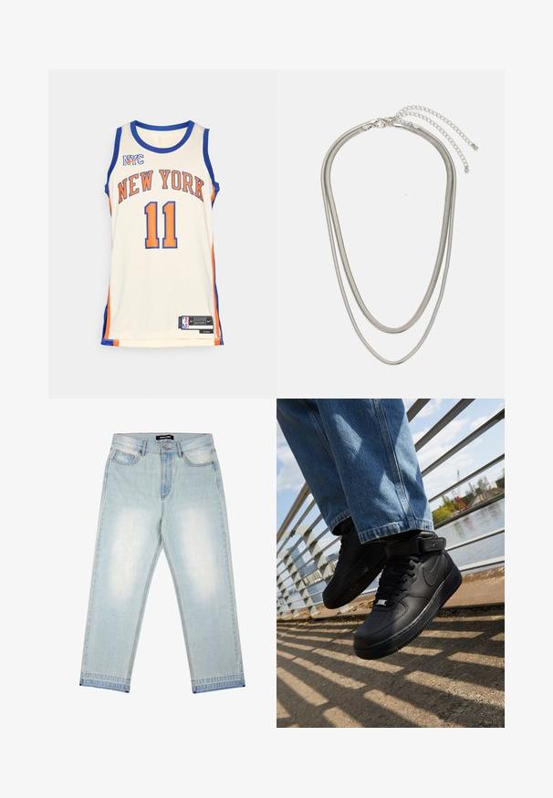 Maglia da basket dei New York Knicks color crema, con dettagli in blu e arancione, grande scritta "NEW YORK", numero 11 e marchio Nike.; Pegador BARROW - Jeans loose fit - sand washed blue; Sneaker nere Nike Air Force 1 con tomaia in pelle, linguetta in mesh e suola in gomma, con un design high-top e lacci spessi.; Collana in metallo argentato a tre strati caratterizzata da catene sottili e flessibili con una leggera lucentezza, fissata con un gancio a molla e una catena regolabile.