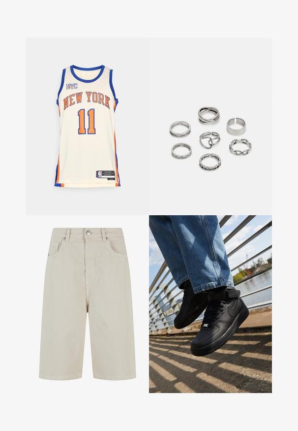 Maglia da basket dei New York Knicks color crema, con dettagli in blu e arancione, grande scritta "NEW YORK", numero 11 e marchio Nike.; Pantaloni shorts in denim beige con una vestibilità dritta, chiusura anteriore con bottone e quattro tasche. Il tessuto ha una consistenza liscia e dettagli di cucitura minimal.; Sneaker nere Nike Air Force 1 con tomaia in pelle, linguetta in mesh e suola in gomma, con un design high-top e lacci spessi.; Set di sette anelli in argento con diversi design, tra cui motivi attorcigliati, collegati e incisi. Diverse forme e larghezze.
