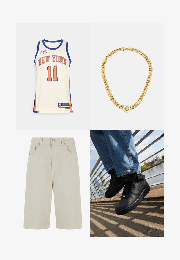 New York Knicksin koripallopaita kermanvärisenä, jossa sinisiä ja oransseja yksityiskohtia, iso "NEW YORK" -teksti, numero 11 ja Nike-brändäys.; Beige farkut lyhyet housut, joissa on suora leikkaus, etuvajaus ja neljä taskua. Kangas on sileä ja siinä on minimaalinen ompelutyyli.; Mustat Nike Air Force 1 -kengät, joissa on nahkapäällinen, verkko kieli ja kumipohja. Kengissä on korkeakuppinen muotoilu ja paksut nauhat.; Kultaketju, jossa on suuret toisiinsa kytkeytyvät lenkit, keskellä on pyöreä pendantin yksityiskohta, jossa on kohotettu emblem.