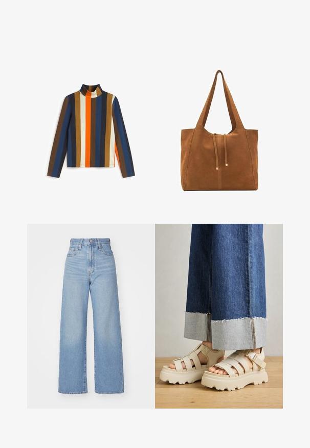 Long-sleeve turtleneck top with bold vertical stripes in brown, navy, cream, orange, and blue, featuring a fitted design and ribbed collar.; Light blue high-waist wide-leg jeans with front button and zip closure, front and back pockets, on a white background.; Beige platform sandals with thick soles feature a strappy design and adjustable ankle straps. Worn with wide-leg denim pants, one hem is frayed.; Brown suede tote bag with two long straps, drawstring closure, and minimalistic design. Smooth texture and no visible hardware accents.