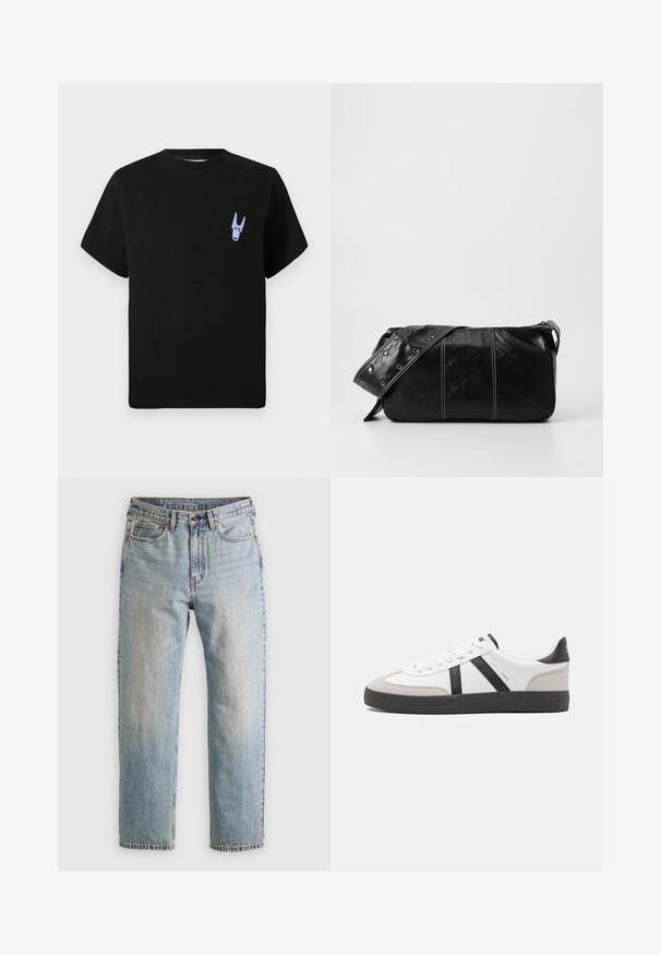Melnas kokvilnas T-krekls ar īsām piedurknēm, ar mazu purpursarkanu grafiku kreisajā krūtīs. Vienkārša, kastes formas dizains.; Gai zila denima bikses ar augstu jostasvietu, priekšējo pogu, rāvējslēdzēju un piecu kabatu dizainu, izlīdzinātas uz neitrāla fona.; Baltas sneakeris ar melniem un pelēkiem akcentiem, kuram ir teksturēts pelēks purngals, melna gumijas zole un plakanas baltas šņores. Tīrs dizains, minimālisma stils.; Melnas ādas plecu soma ar rāvējslēdzēja aizdari, ar teksturētu virsmu, baltu dūrienu un siksnu ar sudraba iekavām.
