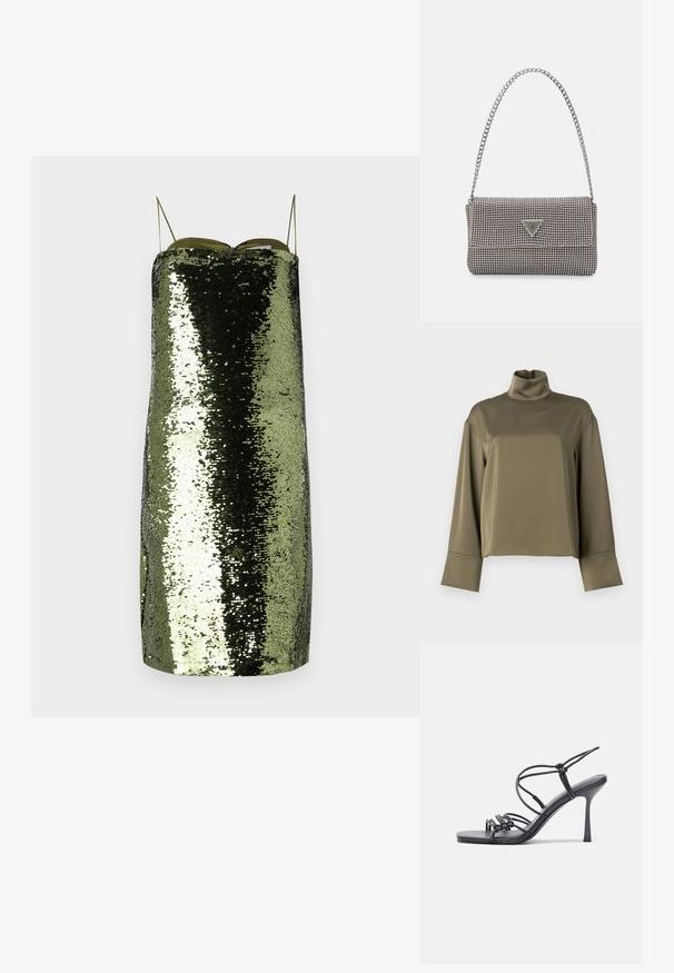 2nd Day FRANCISCA - Hosszú ujjú felső - olive night; Zöld flitteres ruha egyenes szabással, vékony állítható pántokkal, tükröződő textúrával és karcsú siluettel.; Fekete magas sarkú szandálok vékony pántokkal, csomózott mintával, sima négyzetes orral és karcsú stiletto sarkal rendelkeznek.; Világosszürke fémes kézitáska lánc pánttal, kis kör alakú fém kifinomult díszítéssel és háromszög alakú márkagéppel.