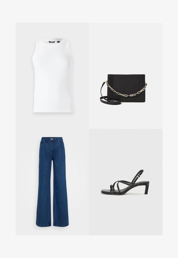 White, ribbed tank top with a round neckline and sleeveless design. Smooth texture and no visible embellishments or hardware.; Wide-leg blue denim jeans with a high waist, front button and zipper closure, and front and back pockets against a plain background.; Black strappy sandal with a square toe and a low block heel. Features multiple thin straps and an adjustable ankle strap. Made of smooth leather.; Black leather crossbody bag featuring a smooth texture, rectangular shape, and a metallic chain detail on the front. Adjustable strap included.