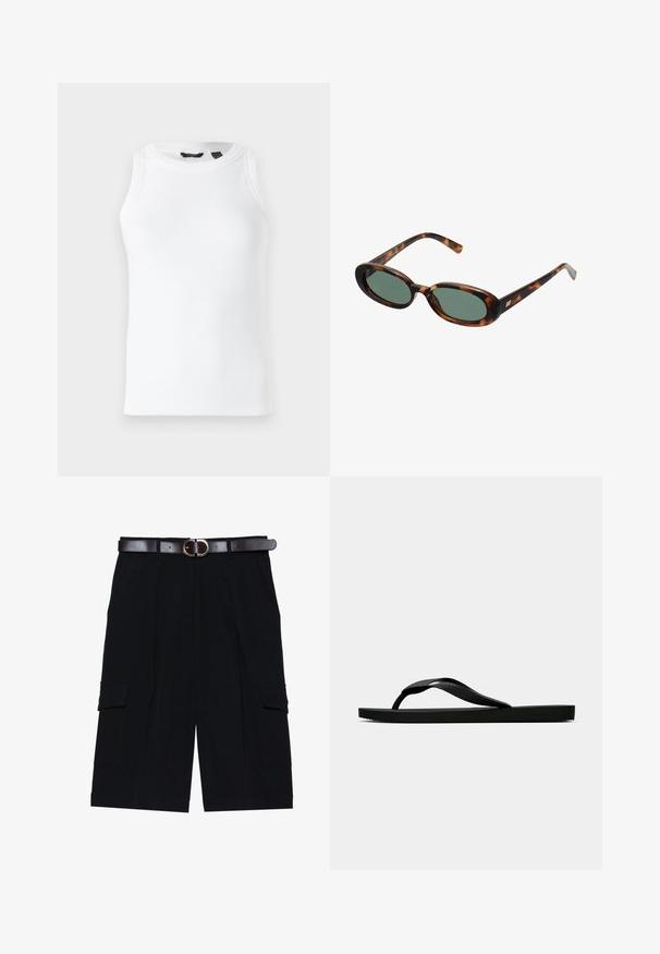 Biely, rebrovaný tielko s okrúhlym výstrihom a bezrukávovým dizajnom. Hladký povrch bez viditeľných ozdobných prvkov alebo kovania.; Čierne cargo šortky vyrobené z ľahkého materiálu, s rovnými nohavicami, bočnými vreckami a hnedým koženým opaskom so striebornou sponou.; Čierne gumené žabky s textúrovaným popruhom a jednoduchou plochou podrážkou, zobrazené z boku na jednofarebnom svetlom pozadí.; Slnečné okuliare v štýle korytnačiny s oválnymi rámami a zelenými sklami. Majú tenké nožičky s kovovým akcentom pri pántoch.