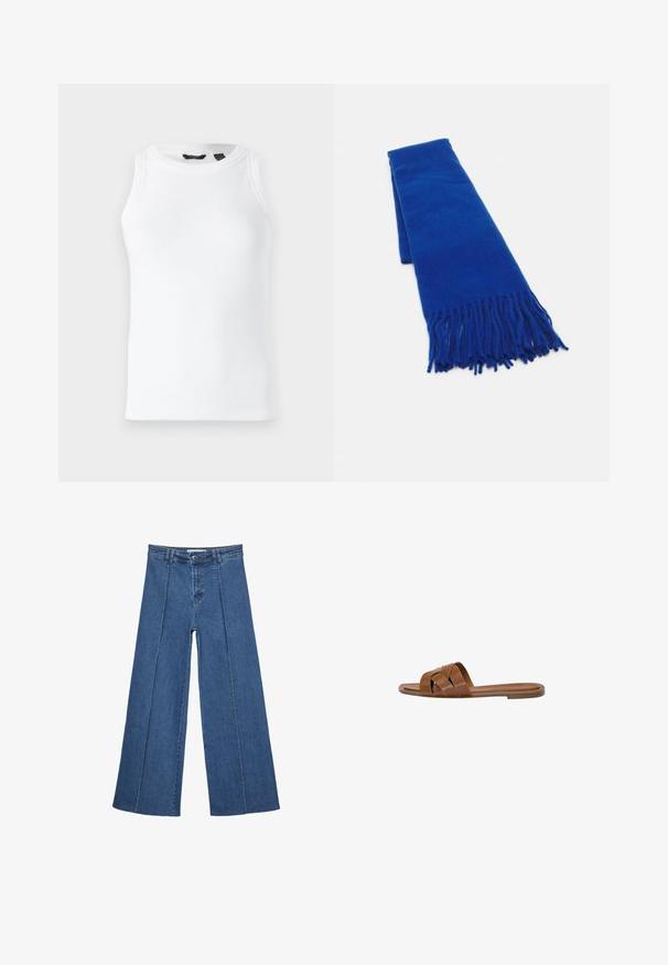 Top a maniche corte bianco a coste con scollatura rotonda e design senza maniche. Tessuto liscio e senza decorazioni o accessori visibili.; Jeans in denim a gamba larga di blu medio, con vita alta, chiusura con bottone e dettagli delle cuciture verticali a contrasto lungo la parte anteriore.; Sandalo in pelle marrone con fasce incrociate, suola piatta e una texture liscia. Design semplice senza decorazioni o motivi.; Sciarpa blu intrecciata con estremità frangiate, texture liscia, forma rettangolare e colore uniforme su tutta la superficie. Adatta per il freddo.; Borsa tote in pelle marrone con texture liscia, design con apertura superiore e due spallacci. Presenta cuciture minime e nessun hardware visibile.