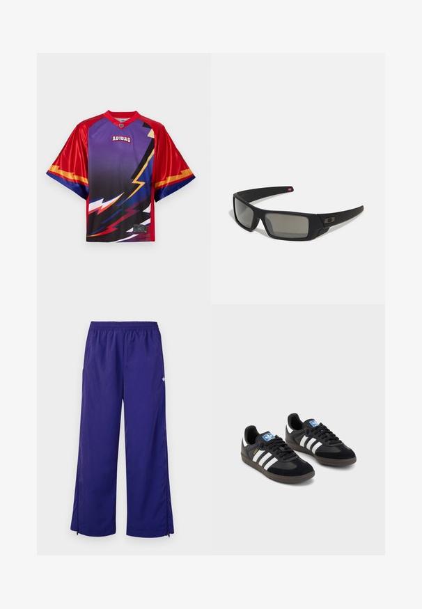 Red and purple short-sleeve jersey with graphic lightning patterns, mesh texture, and an Adidas logo on the front. Accented sleeves.; Purple, lightweight athletic pants with an elastic waistband and side zippers near the cuffs. Smooth texture with a subtle sheen.; Black sneakers with a suede and synthetic upper, featuring three white stripes, textured rubber sole, and blue logo tag on the tongue.; Black sunglasses with a matte finish, rectangular lenses, slight curve on temples, subtle logo detail, and smoke-tinted lenses.