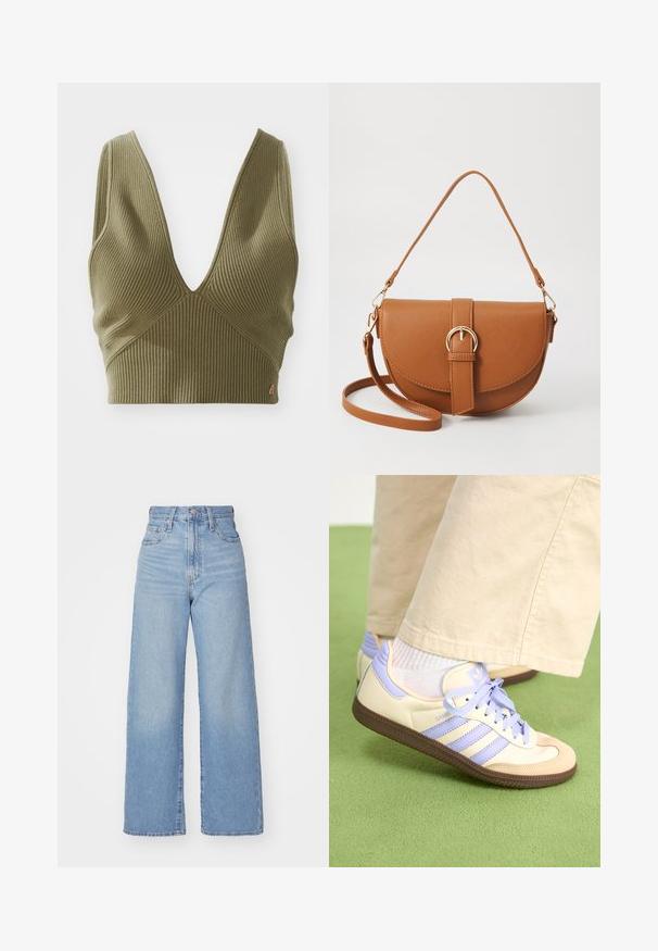 Olivgrünes geripptes Cropped-Top mit tiefem V-Ausschnitt und horizontaler Struktur. Verfügt über ein kleines Markenakzent unten rechts.; Hellblaue High-Waist-Weite-Leg-Jeans mit Knopf- und Reißverschluss vorne, Vorder- und Rückentaschen, auf weißem Hintergrund.; Cremefarbene und lavendelfarbene Sneakers mit drei Streifen und einer strukturierten braunen Sohle, ausgestattet mit Schnürsenkeln und einer gepolsterten Ferse. Obermaterial aus weichem Stoff.; Braune Leder-Crossbody-Tasche mit geschwungener Form, goldfarbenen Beschlägen und einer Schnallenakzentuierung. Verfügt über einen abnehmbaren Schultergurt.