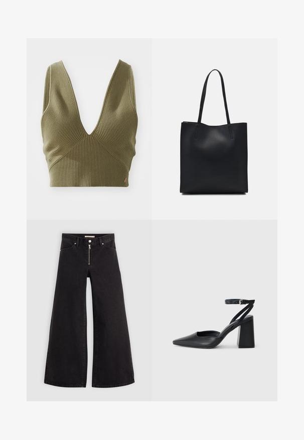 Alyvuogių žalios spalvos pylimo viršus su gilia V formos iškirpte ir horizontalia tekstūra. Yra mažas prekės ženklo akcentas apatinėje dešinėje pusėje.; Plačios kojų džinsai iš juodo džinsinio audinio su užtrauktuku priekyje, penkių kišenių dizainu ir subtiliais siuvinėjimo akcentais. Lygus paviršius ir laisvalaikio stilius.; Juoda odinė smailiagalė aukštakulnio bateliai su kulkšnies dirželiu ir storu kulnu. Lygus paviršius, elegantiškas dizainas ir minimalistiška estetinė. ; Juodas odinis tote krepšys su lygia tekstūra, stačiakampio formos ir dviem ilgais rankenomis. Matomų metalinių detalių ar puošybos nėra.