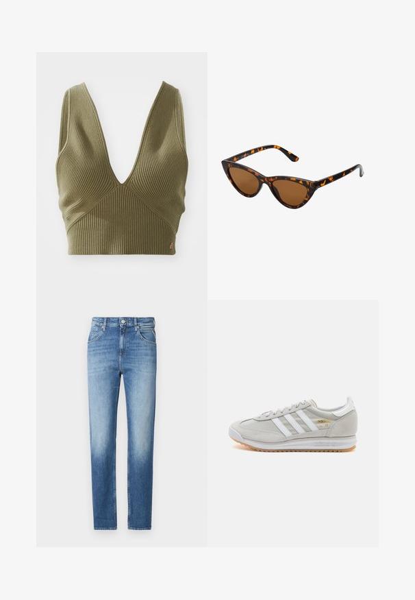 Oliven grøn ribbet crop top med en dyb V-udskæring og horisontal tekstur. Har en lille mærkeaccent nederst til højre.; Lyseblå denimjeans med lige pasform, falmet tekstur, fem lommer og knaplukning i taljen. Distinktiv syningsdetalje.; Lys grå sneaker lavet af ruskind og mesh, med tre hvide striber, rund tå og en sål af gummirubber. Guld logo detalje nær snørebåndene.; Kat-ejede solbriller med en sort og orange skildpaddemønstret stel, brune linser og slanke, spidse ender. Har et minimalistisk logo på skabelsen.