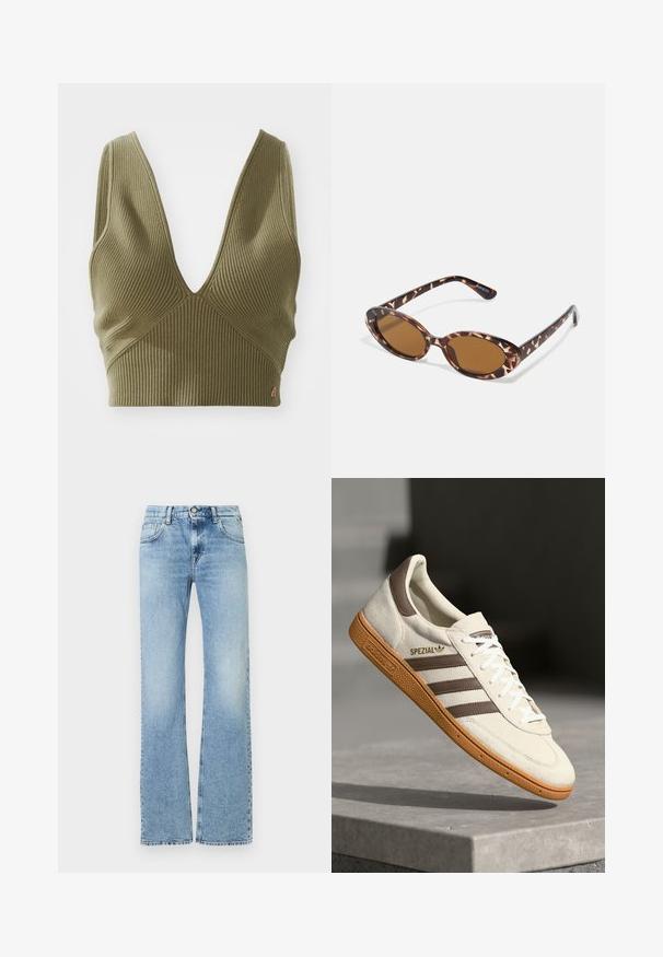 Olīvzaļa ribota īsā topa bluze ar dziļu V-veida kakla izgriezumu un horizontālu tekstūru. Iekļauj nelielu zīmola akcentu apakšējā labajā stūrī.; Gaiši zili augstā vidukļa džinsi ar nelielu izbalēšanu, priekšējais pogas aizdare, rāvējslēdzēja aizdare un piecu kabatu dizains, taisnas kājas piegriezums.; Baltas zamšs tenisbiks ar brūniem ādas akcentiem, trim brūnām svītrām un baltām auklām. Iezīmējas ar teksturētu gumijas zoli un zelta "SPEZIAL" logo.; Tortoiseshell saulesbrilles ar ovālu stiklu, brūnganiem toņiem, plāniem rokām ar faktūras rakstu, viegla plastmasas apmale.