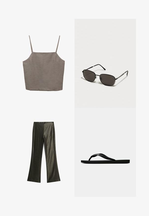 Grå, ärmlös topp med tunna axelband, med en avslappnad passform och tillverkad av ett lätt tyg. Slät yta med subtil lyster.; Mörkgröna utsvängda byxor i ett glänsande tyg, med en slät yta och ett dragkedjestängning bak.; Svart gummislip-in sandal med ett texturerat rem och enkel platt sula, visas från sidan på en enkel ljus bakgrund.; Svarta metallsolglasögon med oval form, mörka linser, smala skalmar och en subtil logotyp på vänster lins. Elegant och minimalistisk design.; Silverarmband med flera klara, runda och fyrkantiga kristaller i en symmetrisk mönstring med lås.