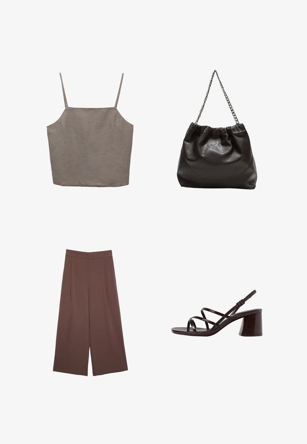 Top grigio senza maniche con spalline sottili, caratterizzato da una vestibilità rilassata e realizzato in un tessuto leggero. Texture liscia con una leggera lucentezza.; Pantaloni ampi marroni con una texture liscia, caratterizzati da una vita alta e pieghe frontali. Il tessuto è leggero e scorre liberamente.; Sandalo con tacco alto e cinturini marrone, dotato di un tacco spesso, con una finitura liscia e lucida e numerosi cinturini incrociati sulla parte superiore.; Borsa in pelle marrone con parte superiore arricciata e tracolla a catena. Texture liscia con finitura lucida e dettagli di cucitura sottili sui lati.