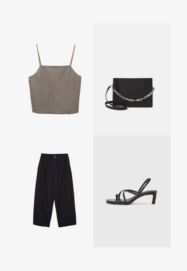 Grå, ærmeløs top med tynde stropper, der har en afslappet pasform og er lavet af et let materiale. Glat tekstur med en subtil glans.; Sorte polyester culotte bukser med elastisk talje, to forpiber og en løs silhuet. Ingen synlige mønstre eller hardware detaljer.; Sort remsandale med firkantet tå og en lav blokeret hæl. Har flere tynde stropper og en justerbar ankelrem. Fremstillet af glat læder.; Sort læder crossbody taske med en glat tekstur, rektangulær form og en metallisk kæde detalje foran. Justerbar skulderrem inkluderet.