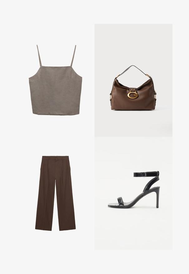 Sivý bezrukávový top s tenkými ramienkami, ktorý má voľný strih a je vyrobený z ľahkej látky. Hladká textúra s jemným leskom.; Hnedé široké nohavice vyrobené z hladkej látky, s vysokým pásom, prednými záhybmi a dvoma bočnými vreckami.; Čierne sandále na vysokom podpätku s lesklým povrchom, ktoré majú dve tenké popruhy a členkový popruh, umiestnené na štíhlom stiletto podpätku.; Hnedá kožená kabelka s textúrovaným povrchom, so zlatým kovovým zapínaním a jedným zakriveným ramenným popruhom.; Mango Náramok - gold-coloured