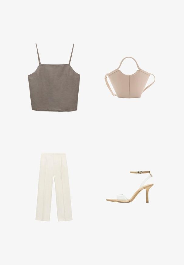 Grijze, mouwloze top met dunne schouderspanden, voorzien van een relaxte pasvorm en gemaakt van een lichtgewicht stof. Gladde textuur met een subtiele glans.; Wijdgevallen broeken in een lichtcrème kleur. Gemaakt van een zachte stof met plooien aan de voorkant en zijzakken.; Heldere sandaal met een doorzichtige bovenkant, beige voetbed en een slanke enkelriem. Voorzien van een spitse neus en een dunne hoge hak.; Beige leren handtas met een unieke vorm, voorzien van twee korte handvatten en een lange verstelbare schouderriem. Glad oppervlak met minimale hardware.