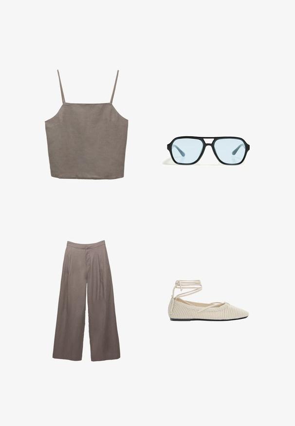Graues, ärmelloses Top mit dünnen Trägern, lockerer Schnitt und aus einem leichten Stoff gefertigt. Glatte Textur mit subtiler Schattierung.; Weite, hellbraune Leinenhosen mit hoher Taille und vorderen Falten, entworfen für eine lockere, entspannte Passform.; Beige geflochtene Ballerinas mit spitz zulaufender Zehenpartie, flacher Sohle und umwickelten Schnürsenkeln. Die Textur ist offen gestrickt und hat ein glattes Innenfutter.; Schwarze Sonnenbrille mit rechteckigen Fassungen, blaufarbenen Gläsern und einem markanten Brückendesign. Schlanke Oberfläche, dezente Textur.; Taschen aus braunem Leder mit doppelten Griffen und einem abnehmbaren Schultergurt. Verfügt über einen goldfarbenen Verschluss und eine strukturierte Oberfläche.