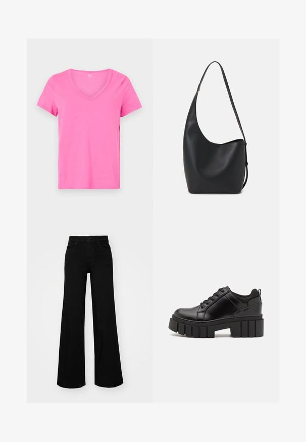 Tricou roz cu mânecă scurtă și decolteu în V, realizat dintr-un material din bumbac moale, având o margine dreaptă și o croială lejeră.; Pantaloni negri cu picioare largi, din denim, cu un brau structurat, bucle pentru curea și buzunare frontale. Textură netedă, cu un design clasic.; Pantofi cu talpă plată din piele neagră, cu toc gros, vârf rotund și design tradițional cu șireturi. Prezintă o textură netedă și detalii minime.; Geantă hobo din piele neagră, cu o textură netedă, formă curbată și un singur bretele ajustabil; are o deschidere largă în partea de sus.