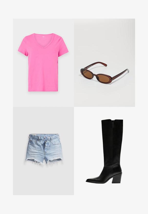 Roza kratka majica s kratkimi rokavi z V-izrezom, izdelana iz mehkega bombažnega materiala, s ravnim robom in sproščenim krojem.; Svetlo modri denim kratke hlače s strganimi robovi, petimi žepi in zapiranjem na gumbe. Tekstura je mehka z rahlo obrabljenim videzom.; Črne gležnjarje do kolen iz gladkega usnja, z ostrim nosom, blokinim peto in V-oblikovanim izrezom na vrhu.; Okrogle, rjavo obarvane sončne naočare z sijočim burgundskim okvirjem. Tanek nosilec s subtilnim logotipom. Oblika leč je ravna.
