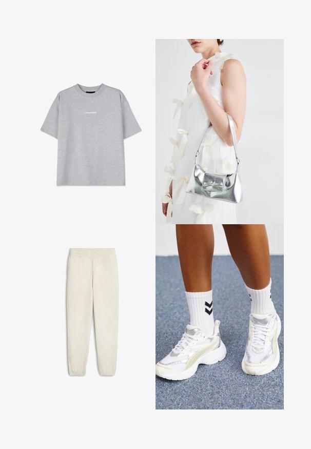 Siva pamučna majica kratkih rukava, s okruglim izrezom i malim bijelim logotipom "PEGADOR" na prednjoj strani. Glatka tekstura, opušteni kroj.; Svijetlosmeđi dukserica hlače izrađene od mekanog materijala, s elastičnim pojasom, suženim gležnjevima i malim bijelim logom sa strane.; Bijele tenisice s srebrnim detaljima, mrežastim materijalom i robusnim dizajnom. Uparene s bijelim čarapama s crnim chevron uzorkom.; Srebrna metalik torbica sa strukturiranim oblikom, s gornjom drškom i detaljem mašne sprijeda. Glatka tekstura, reflektirajući finiš.
