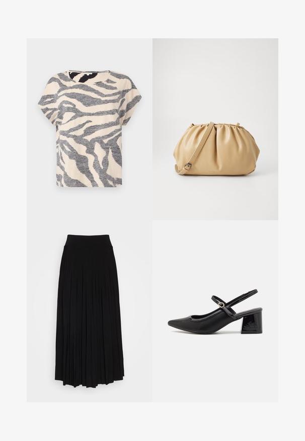 Short-sleeve t-shirt in beige with gray zebra stripes, round neckline, and soft, textured fabric. Casual fit with a relaxed silhouette.; Black pleated skirt with a high, stretchy waistband. Made from soft fabric, featuring vertical pleats for a flowing silhouette.; Black patent leather slingback heels with a pointed toe, a rounded cutout design, and a block heel. Features a gold-tone buckle accent.; Tan leather handbag with a pleated design, adjustable strap, and a rounded shape. Minimalistic branding on the front surface.