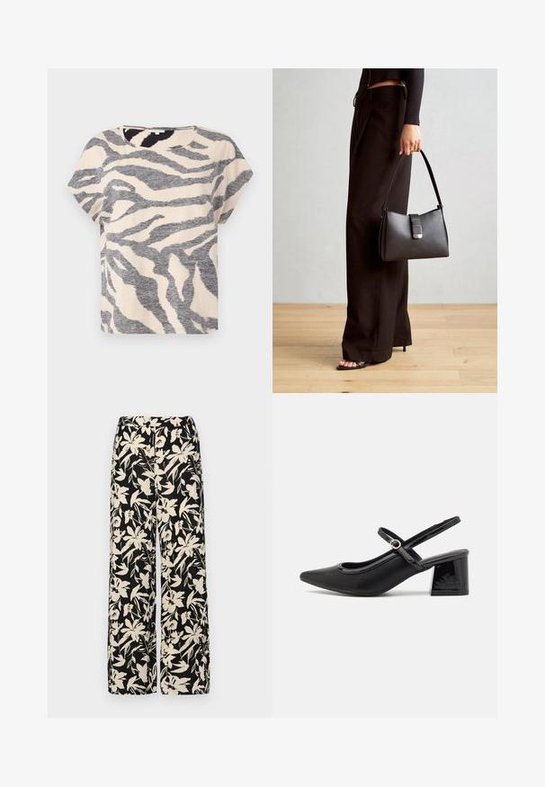 Kortsleeved t-skjorte i beige med grå zebra-striper, rund halslinning og myk, teksturert stoff. Ledig passform med en avslappet silhuett.; Sorte vide bukser med et cremet blomster mønster. Fremstillet af letvægtsstof, med en glat tekstur og en høj talje.; Sorte lakk lær slingback hæler med spiss tå, et avrundet utskjæringsdesign og blokkheel. Har en gulltone spenne som detalj.; Svart håndveske med strukturert form, jevn tekstur og metallisk lås. Kombinert med brede svarte bukser og sandaler med åpen tå på tregulv.