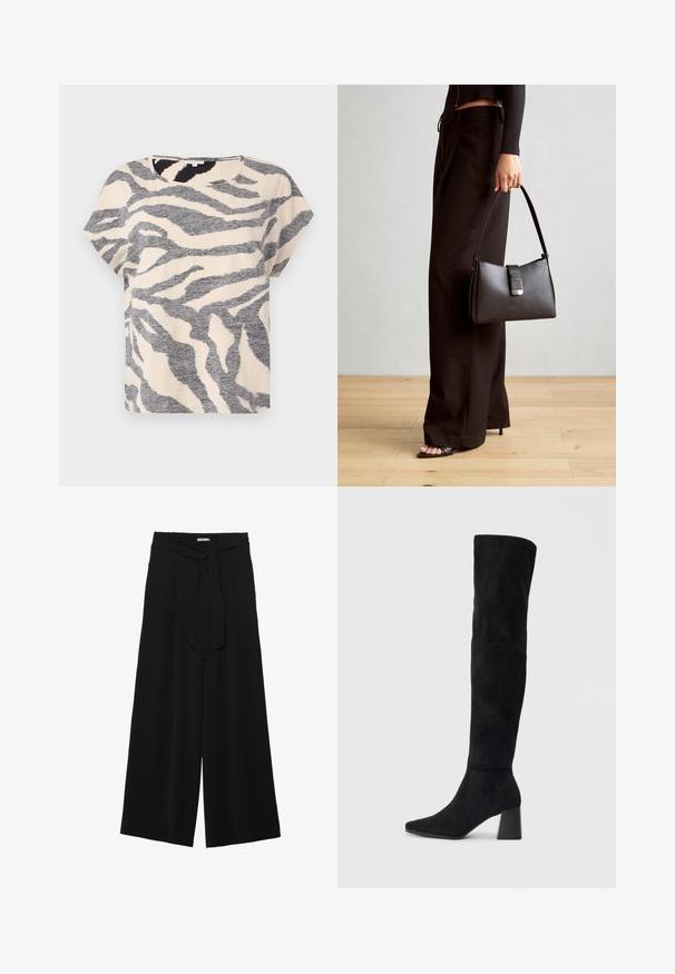 T-shirt à manches courtes beige avec des rayures zèbres grises, col rond et tissu doux et texturé. Coupe décontractée avec une silhouette ample.; Pantalons larges noirs en tissu texturé, avec une taille élastique et une ceinture à nouer amovible à la taille pour un ajustement variable.; Botte noire en daim montée jusqu'au genou, avec un talon bloc, un bout pointu et un design lisse et sans couture sur un fond clair.; Sac à main noir à la forme structurée, texture lisse et fermoir métallique. Associé à un pantalon noir ample et des sandales ouvertes sur un sol en bois.