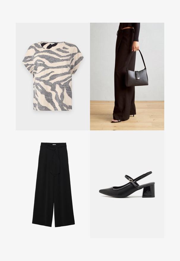 Majica s kratkimi rokavi v bež barvi z sivimi zebra črtami, okroglo ovratnico in mehkimi, teksturiranimi materiali. Prijeten kroj s sproščenim siluetom.; Črne široke hlače iz teksturirane tkanine, z elastičnim pasom in odstranljivim trakom na pasu za prilagodljivo prileganje.; Črne patentne usnjene salonarce s slingback obliko, s koničastim nosom, zaobljenim izrezom in blok peto. Imajo zlato kovinsko zaponko kot dodatno okrasje.; Črna torbica z strukturirano obliko, gladko teksturo in kovinskim zaponko. Ujemajo se z širokimi črnimi hlačami in odprtimi sandali na lesenem tleh.