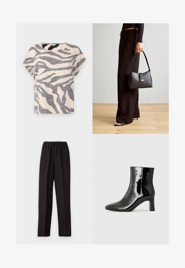 Rövid ujjú bézs színű póló szürke zebra csíkokkal, kerek nyakkivágással és puha, texturált anyaggal. Lazán illeszkedő, kényelmes sziluettel.; Fekete, bő szárú nadrág elasztikus derékkal és állítható zsinórral. Simává, könnyű anyagból készült, melyen nincsenek látható minták.; Fekete lakk bőrcipő bokáig érő, hegyes orral és közepes magasságú tömbsarokkal. Simább textúrával és minimalista dizájnnal rendelkezik.; Fekete kézi táska strukturált formával, sima textúrával és fémből készült záródással. Széles fekete nadrággal és nyitott orrú szandállal párosítva, fából készült padlón.