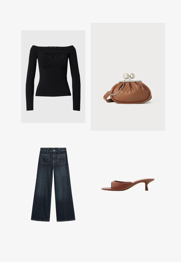 Svart långärmad topp med off-the-shoulder-design, ribbad textur och en subtil rundad halsringning. Slät tyg, figurnära passform.; Breda jeans i mörk tvättad denim med knäppning, två framfickor och två bakfickor med subtila sömsdetaljer.; Bruna öppna klackmules med en slät, matt yta, med en kurvad design och en genomskinlig, avsmalnande klack.; Brun läderhandväska med silverkulklämma och en liten silversked på vit bakgrund.