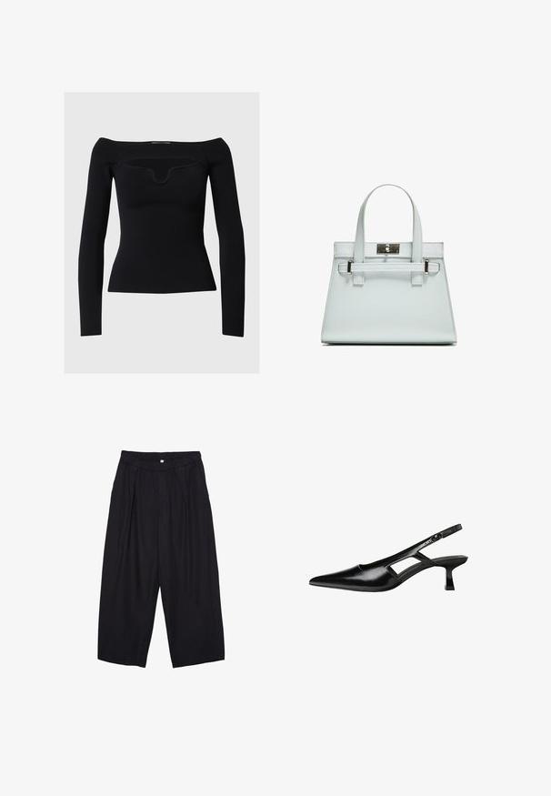 Crna majica dugih rukava s dizajnom bez ramena, rebrastom teksturom i suptilnim okruglim izrezom. Glatka tkanina, pripijeni oblik.; Crne poliester hlače culotte s elastičnim pojasom, dva prednja nabora i širokim krojem. Nema vidljivih uzoraka ili metalnih detalja.; Crne lakirane natikače na remenčić sa špicastim nosom, dizajnom sa izrezima sa strane i malim kvadratnim potplatom. Glatka tekstura s minimalnim akcentima.; Svijetloplavi ručni kovčeg sa strukturiranim dizajnom, dva držača i kopčom od srebrnastog metala. Teksturirani materijal i oštri kutovi.
