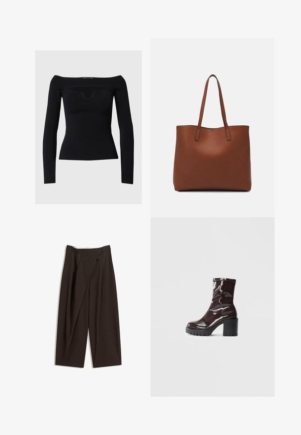 Schwarzes Langarmoberteil mit schulterfreiem Design, gerippter Textur und einem dezenten Rundhalsausschnitt. Glattes Material, taillierte Silhouette.; Dunkelbraune, weite Hosen mit hohem Bund, die über einen einzigen Knopfverschluss und eine gefaltete Vorderseite verfügen. Hergestellt aus leichtem Stoff.; Glatte bordeauxrote Ankle Boots mit einem klobigen schwarzen Absatz, die eine glatte Oberfläche und ein einfaches Design aufweisen. Keine sichtbaren Verschlüsse oder Muster.; Braune Leder-Tote mit glatter Textur, offenem Oberteil und zwei Schulterriemen. Verfügt über minimale Nähte und keine sichtbaren Beschläge.