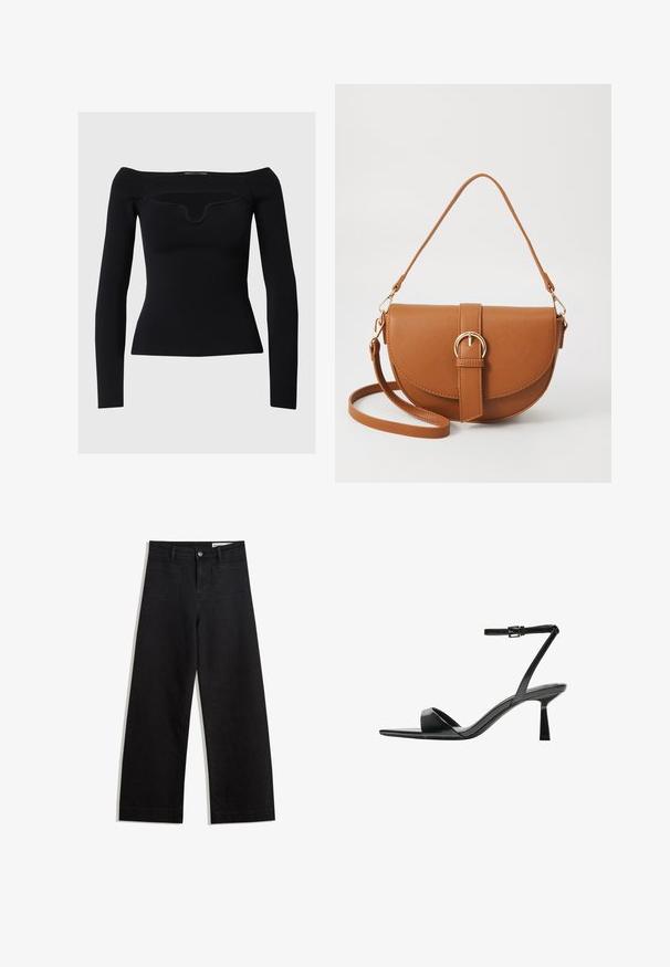Camică neagră cu mâneci lungi, cu un design off-the-shoulder, textură canalată și un decolteu ușor rotunjit. Material fin, siluetă ajustată.; Pantaloni din denim negri cu picioare largi, cu talie înaltă, având buzunare frontale și posterioare, cusături dublate și închidere cu nasture. Textură netedă.; Bershka Sandale cu toc - black; Geantă din piele maro, tip crossbody, cu o formă curbată, accesorii aurii și un accent cu cataramă. Dispune de un curea de umăr detașabilă.