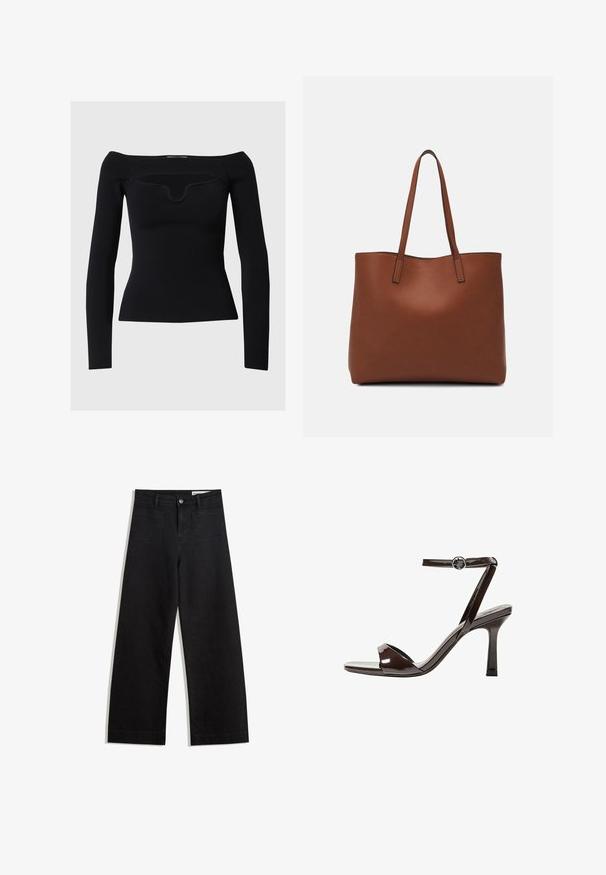 Zwarte lange mouwen top met een off-the-shoulder ontwerp, geribbelde textuur en een subtiele ronde halslijn. Gladde stof, aansluitende silhouet.; Zwarte denim broek met wijde pijpen en een hoge taille, voorzien van voor- en achterzakken, gestikte naden en een knoopsluiting. Gladde textuur.; Bruine gepatenteerde lederen sandaal met hoge hak, enkelbandje, open teen, en een strak, minimalistisch ontwerp. Voorzien van een vierkante hak.; Bruine leren tote bag met een gladde textuur, een ontwerp met een open bovenkant en twee schouderbanden. Kenmerkt zich door minimale stiksels en geen zichtbare hardware.