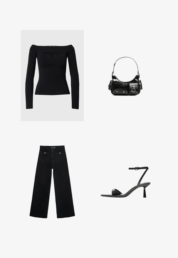 Schwarzes Langarmoberteil mit schulterfreiem Design, gerippter Textur und einem dezenten Rundhalsausschnitt. Glattes Material, taillierte Silhouette.; Schwarze, weit geschnittene Jeans mit hoher Taille, die zwei Fronttaschen und metallene Knopfakzente aufweist. Der Stoff hat eine glatte Textur.; Bershka High Heel Sandalette - black; Schwarze Lackleder-Handtasche mit geschwungenem Design, einem Schulterriemen, Vordertaschen und silberfarbenen Hardware-Akzenten.