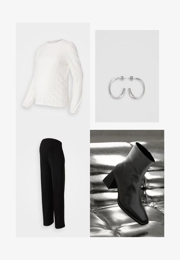 Weißes langärmliges Oberteil mit strukturierten Mustern, Lochdetails, gerippten Bündchen und Rundhalsausschnitt, entworfen für die Schwangerschaft.; Schwarze, hoch taillierte Hosen mit geradem Schnitt, die eine glatte Textur und keine sichtbaren Verschlüsse aufweisen, unterstrichen durch seitliche Nähte.; Schwarzer Knöchelstiefel aus glänzendem Material mit quadratischer Zehenform und verjüngtem Absatz, vor einem glänzenden silbernen gepolsterten Hintergrund.; Silberne Creolen mit einer glatten, glänzenden Oberfläche. Abgerundete Form, leichtes Design, mit einer Steckverschluss.