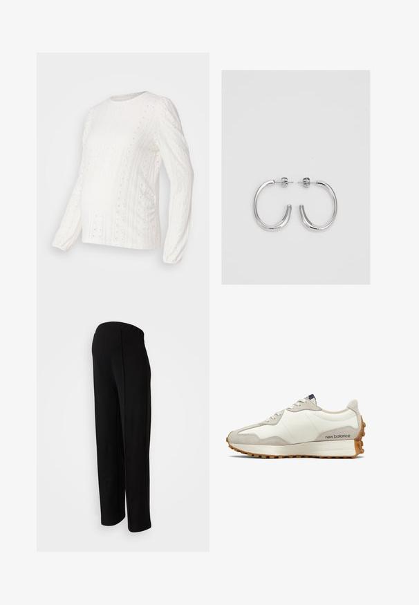 Biely dlhý rukáv s textúrovanými vzormi, detaily z očiek, rebrovanými manžetami a okrúhlym výstrihom, navrhnutý pre tehotenské oblečenie.; Čierne nohavice s vysokým pásom a rovnom strihom, s hladkou textúrou a bez viditeľných zapínaní, zvýraznené detailmi pozdĺž bočných švov.; Biele a béžové tenisky s hladkým koženým zvrškom, semišovými akcentmi, okrúhlou špičkou a textúrovanou gumovou podrážkou. Názov značky je natlačený na boku.; Strieborné kruhové náušnice s hladkým a lesklým povrchom. Okrúhly tvar, ľahký dizajn, s uzáverom na kolík.