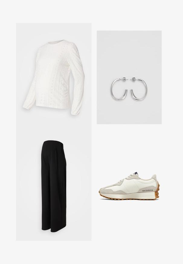 Valge pikade varrukatega top, millel on tekstuuriga mustrid, õhku läbilaskvad detailid, soonikust krae ja ümar kaelus, mõeldud raseduse ajal kandmiseks.; Vero Moda Maternity VMMBECKY SUPER WIDE PANTS - Püksid - black; Valge ja beež sneaker, millel on sile nahast pealismaterjal, tekstiil aktsendid, ümar varvas ja tekstuuriga kummist välispind. Brändi nimi on trükitud küljele.; Hõbedased rõngaskõrvarõngad, millel on sile ja läikiv pind. Ümar kuju, kerge disain, millel on post-tagumise kinnituse süsteem.