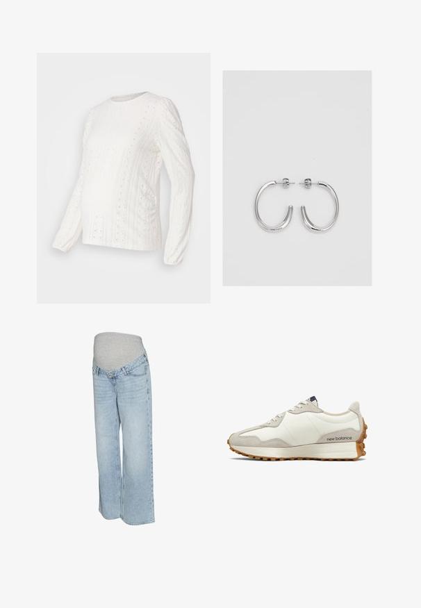 Maglietta bianca a maniche lunghe con motivi texturizzati, dettagli ad occhiello, polsini a costine e scollatura rotonda, progettata per l'abbigliamento materno.; Jeans in denim azzurro chiaro con una cintura elastica grigia, design a gamba larga e stile tradizionale a cinque tasche. Tessuto morbido con lavaggio sbiadito.; Sneaker bianca e beige con tomaia in pelle liscia, dettagli in suede, punta rotonda e suola in gomma testurizzata. Nome del brand stampato sul lato.; Orecchini a cerchio in argento con una finitura liscia e lucente. Forma arrotondata, design leggero, con chiusura a perno.