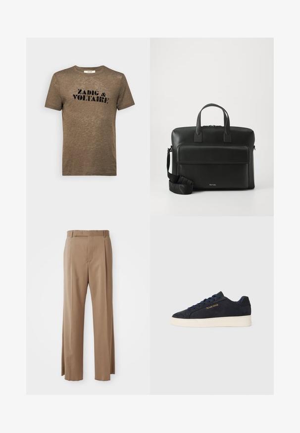 Zadig & Voltaire TOMMY - T-Shirt print - cognac; Hellbraune, maßgeschneiderte Hosen mit geraden Beinen, Gürtelschlaufen, vorderem Naht und verdecktem Verschluss, flach auf weißem Hintergrund dargestellt.; Marineblaue Wildleder Low-Top Sneaker mit weißer Sohle, marineblauen Schnürsenkeln und goldenem "Filling Pieces" Logo an der Seite.; Schwarze Lederakte mit doppelten Obergriffen, einer Fronttasche und einem abnehmbaren Tragegurt, mit subtiler Markierung am Boden.